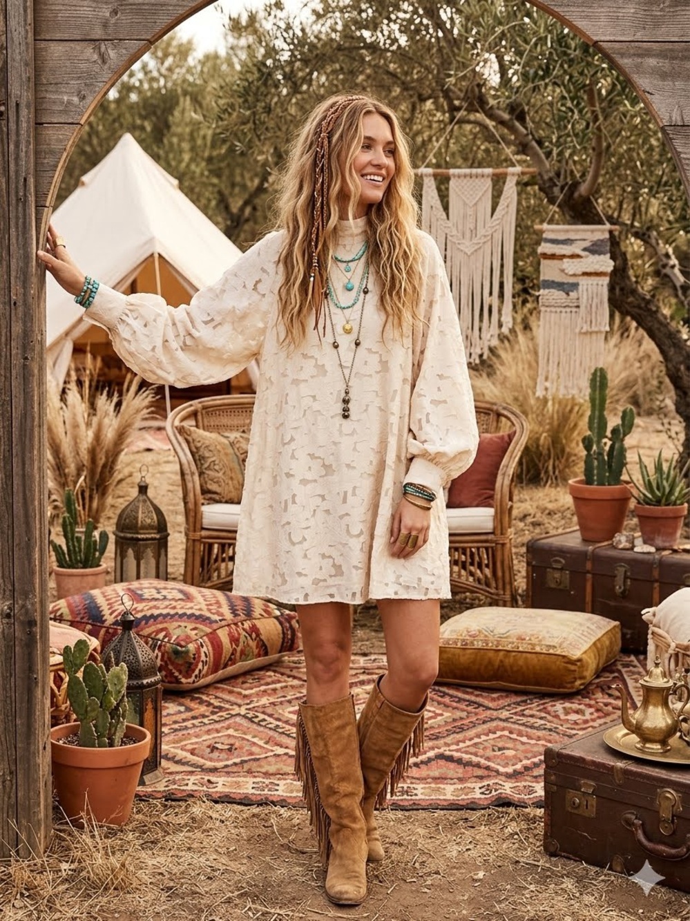 Cottagecore shabby chic Lace boho Smock Dress w resort vacay prairie vibe